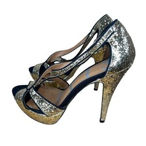 Size 8 ELLE Gold Glitter Stiletto Heels Ankle Strep Peeptoe Event Cocktail